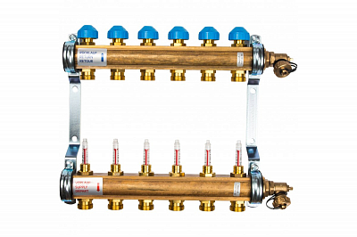 Коллекторная группа WATTS HKV/T - 1'ВР на 6 контуров 3/4'EK (с вентилями и расходомерами, латунь)