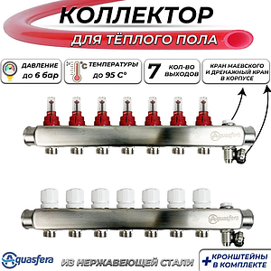 Коллекторная группа Aquasfera-1' на 7 контуров 3/4' (нерж. сталь с расходомерами и сливными кранами)