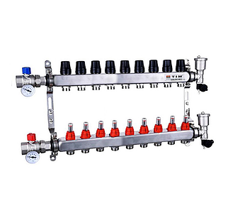 Коллекторная группа TIM - 1' на 9 контуров 3/4' (нерж. сталь с расходомерами, полный комплект)