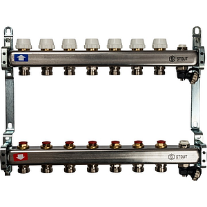 Коллекторная группа STOUT - 1' на 7 контуров 3/4' (клапананы, сливные краны, нерж. сталь)