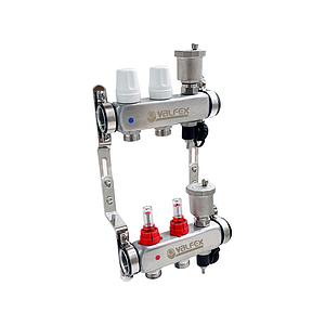 Коллекторная группа VALFEX - 1' на 2 контура 3/4' (нерж. сталь с расходомерами и сливными кранами)