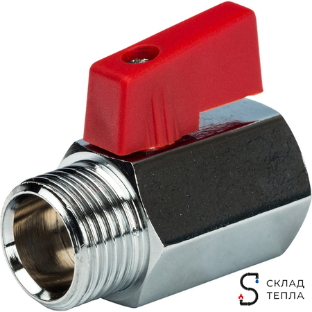 Кран шаровой мини STOUT - 3/8" (НР/ВР, PN15, Tmax 90°С, ручка-флажок красная). Вид 1.