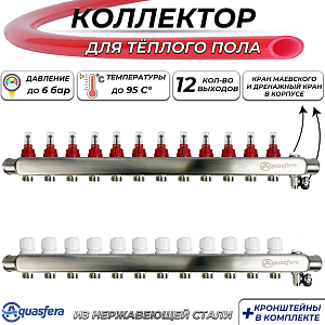 Коллекторная группа Aquasfera-1' на 12 контуров 3/4' (нерж сталь с расходомерами и сливными кранами)
