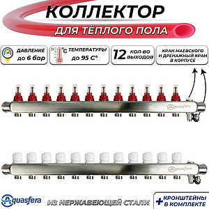 Коллекторная группа Aquasfera-1' на 12 контуров 3/4' (нерж сталь с расходомерами и сливными кранами)