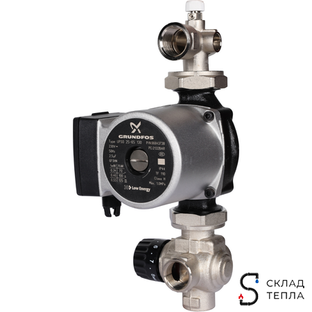 Насосно-смесительный узел STOUT - 1" (с термостатическим клапаном 30-60°C, с насосом и байпасом). Вид 1.