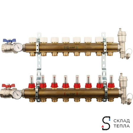 Коллекторная группа в сборе STOUT - 1" на 8 контуров 3/4" (латунь, с расходомерами). Вид 1.