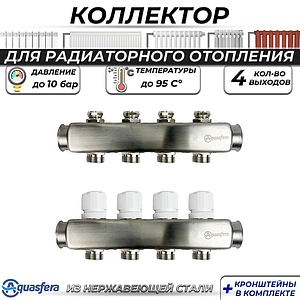 Коллекторная группа Aquasfera 1' на 4 контура 3/4' (нерж. сталь)