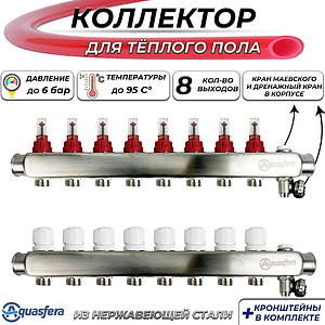 Коллекторная группа Aquasfera-1' на 8 контуров 3/4' (нерж. сталь с расходомерами и сливными кранами)