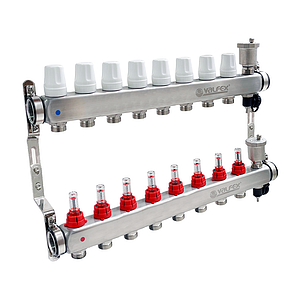 Коллекторная группа VALFEX - 1' на 8 контуров 3/4' (нерж. сталь с расходомерами и сливными кранами)