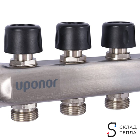 Коллекторная группа Uponor Vario S - 1" на 4 контура 3/4" (расходомеры, клапаны, сливные краны). Вид 6.