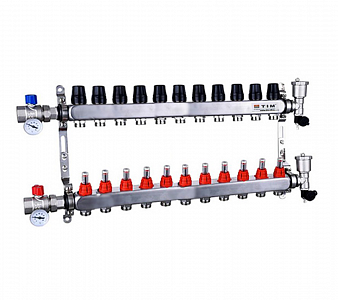 Коллекторная группа TIM - 1' на 11 контуров 3/4' (нерж. сталь с расходомерами, полный комплект)