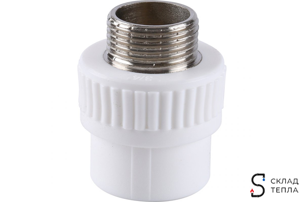 Переход на наружную резьбу TIM - 25 x 3/4" (2 шт, для полипропиленовых труб, цвет белый). Вид 1.