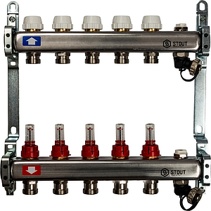 Коллекторная группа STOUT - 1' на 5 контуров 3/4' (расходомеры, клапананы, сливные краны)
